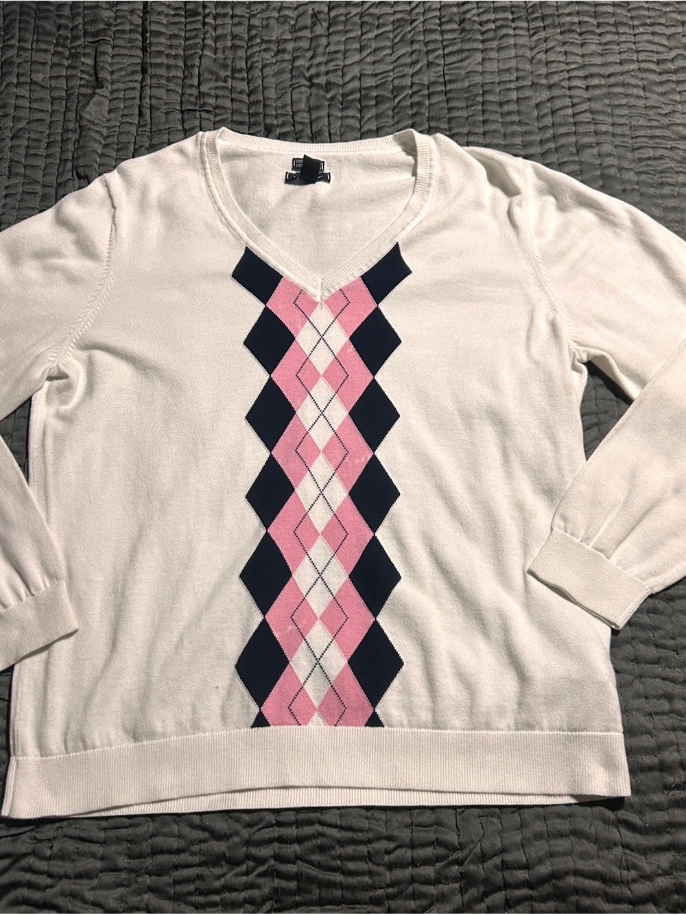 Tommy Hilfiger White V-Neck Sweater with Pink and Navy Argyle Stripe Plus Size
